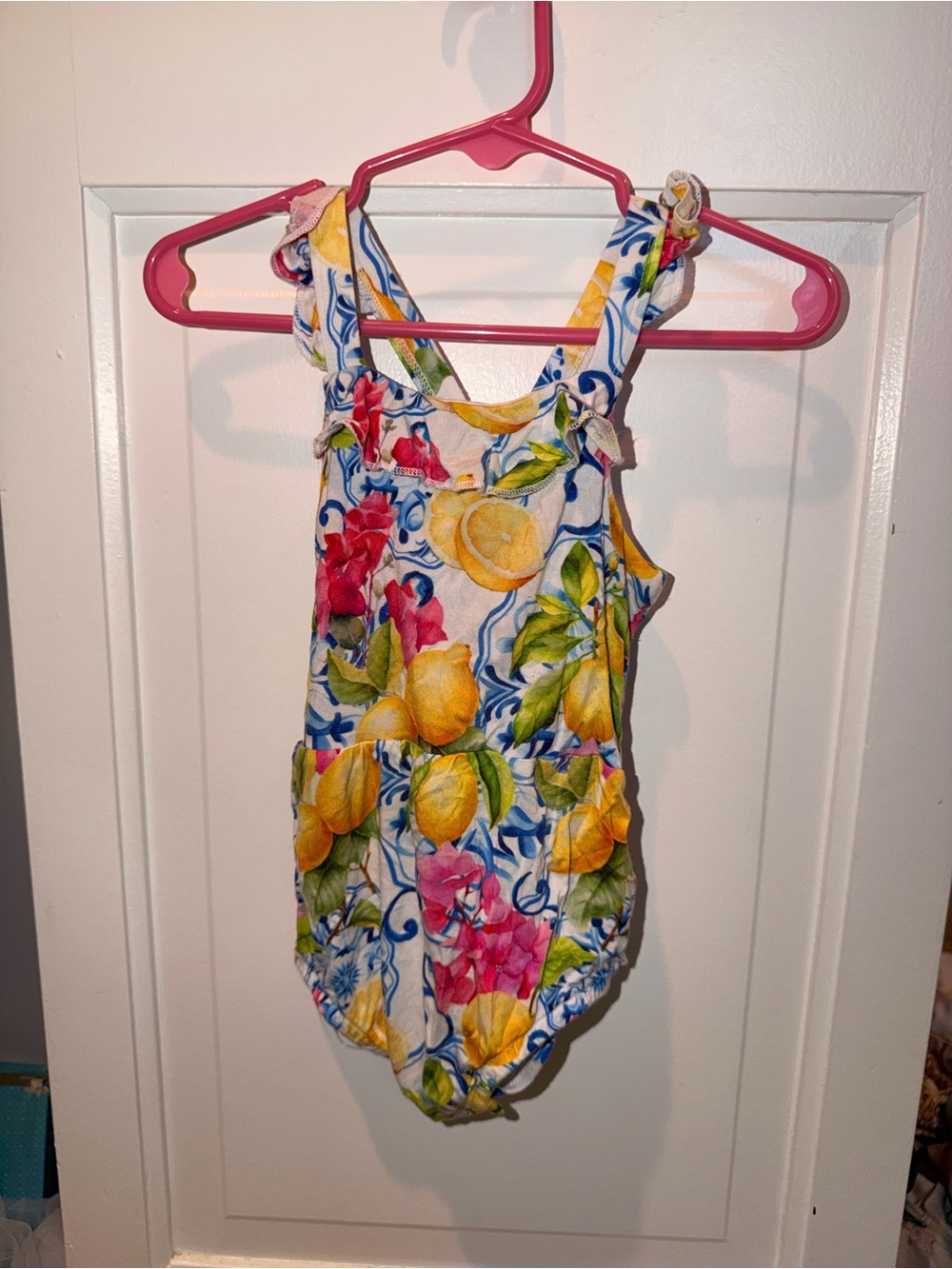 Bums and Roses Kids Lemon Print One-Piece Swimsuit - White with Yellow & Pink